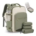 Detailed view of large capacity travel backpack set with matching packing cubes and tumbler. - 40L / Green
