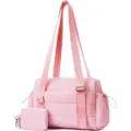 Pink puffer gym bag 2-piece set, large capacity casual travel shoulder tote and mini pouch. - Pink