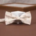 Detailed view of elegant beige bow tie with brown leaf pattern for men's formal wear weddings. - Beige Feather Bow Tie