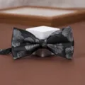 Classic black men's bow tie with grey floral pattern, elegant wedding suit accessory. - Ink Painting Bowtie