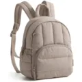 Mini quilted backpack in beige with zip pocket, detailed view showcasing soft fabric texture. - 23.88x11.94x30.99 cm / Camel