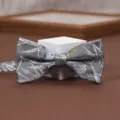 Close-up detail of the elegant grey printed bow tie, featuring fine fabric texture and floral pattern. - Mist Blue and White Porcelain Bow Tie