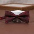 Burgundy bow tie detail shot, elegant jacquard pattern, perfect wedding groom accessory. - Wine Red Leaves