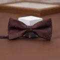 Burgundy bow tie with gold shimmer for men women wedding suit formal party accessory detail view. - Star Dark Brown