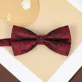 Close-up of wine red paisley pattern men's bow tie detail, elegant wedding formal wear accessory. - Court Pattern Bowtie