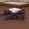 Burgundy floral bow tie for men, elegant wedding suit accessory with silver line art pattern. - Night Banquet