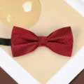Closeup of a stylish red and black striped bow tie, perfect for wedding suits and formal wear. - Classic Fashion Wine Red Bowtie