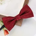 Gros plan d'un noeud papillon bordeaux à pois fins, accessoire de mariage élégant. - Nœud Papillon Pois Rouge Vin