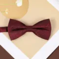 Close-up of a sophisticated burgundy bow tie with subtle textured pattern for formal wear. - Knight Wine Red Bowtie