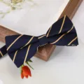 Gros plan d'un elegant noeud papillon bleu a rayures jaunes pour tenue professionnelle. - Nœud Papillon Rayé Or Esthétique