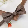 Detailed shot of a brown polka dot bow tie with fine texture and structured shape. - Champagne Polka Dot Bowtie