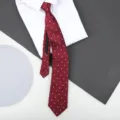 Burgundy polka dot zipper necktie detail shot showcasing neat fabric texture closeup. - 8cm Rich Red White Dots Zipper
