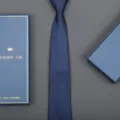 Detailed view of elegant navy blue striped tie with matching luxury gift box for men business. - Double Line Zipper Style (Long Gift Box) / 8cm Wide / Navy Blue