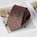 Brown floral print silk tie men business formal retro wedding necktie detail view - 8cm Handmade Style / Gold Brown Jacquard