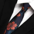 Classic dark blue floral men's necktie with orange botanical pattern for formal business suit. - Orange Scenery