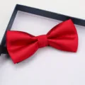 Detailed close-up of a vibrant red satin bow tie with black strap neatly placed in gift box. - F12 Bright Red Glossy Bow Tie