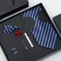 Ensemble cravate rayée bleue pochette boutons de manchette homme affaire formel - B22 Style Rayé Bleu