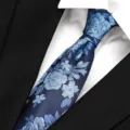 Blue floral jacquard men necktie detail, vintage business suit tie, 8cm wide elegant style. - Qimeng Blue Yarn