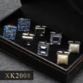Detailed view of four pairs of luxury mens french cufflinks in black gift box storage. - Copper Blank / Gift Box / Mixed Colors