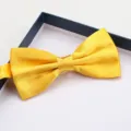 Yellow satin bow tie detail shot, showing smooth fabric texture and exquisite craftsmanship. - Golden Glossy Bowtie