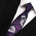 Close-up detail of a purple floral patterned silk necktie paired with crisp white shirt. - Purple Night Elf