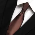 Classic brown silk tie paired with white shirt and black suit for formal business wear. - Coffee Solid Color
