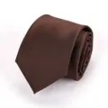 Close-up detail of a classic brown silk-like necktie neatly rolled for men's formal wear. - Coffee
