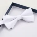 Detailed view of elegant white bow tie in luxury gift box, perfect for formal events. - Asymmetric White Glossy Bowtie II