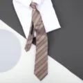 Detailed view of business striped zipper necktie in brown paired with crisp white shirt. - 8cm Luxury Double Gold Stripe Zipper