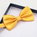 Detailed close-up of a stylish yellow grid bow tie neatly presented inside a classic gift box. - Yellow Small Grid Bowtie