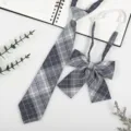Japanese JK uniform tie and bow set, gray plaid collar accessory for student shirt. - JK014 Qingye