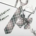 Detailed view of Japanese style JK DK plaid tie and bow tie set, vintage school uniform accessory. - JK007 Goshawk