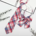 Red blue plaid JK DK uniform tie bow set, pre-tied necktie detail for daily school wear. - JK024 Rouge Blue
