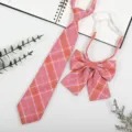 Pink plaid JK uniform tie and bow set, Japanese school style pre-tied necktie accessory. - JK041 Orange Pink