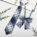 Detailed view of Japanese school style blue plaid pre-tied tie and bow set for uniform shirts. - JK044 Mie A Plaid