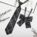 Detail view of grey plaid JK tie and bow set, perfect for school uniform styling. - JK047 Ash Gray Plaid