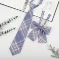 JK style blue plaid tie and bow set detail showing fabric texture and neat stitching. - JK050 Light Purple