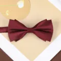 Wine red double layer bow tie variant, classic fabric men wedding groom formal neckwear style. - Dark Red Vertical Stripe Bowtie