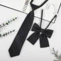 Japanese JK/DK uniform dark grey plaid tie and bow tie set, pre-tied school accessory detail. - Versatile Black Plaid