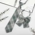 Green plaid JK necktie and bow tie set detail view, student style uniform accessory. - Grass Green Plaid