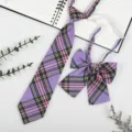 Detailed view of Japanese JK/DK school style purple plaid tie and bow set, cute accessories. - Classic Yellow Purple Plaid