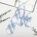 Japanese JK DK style blue plaid necktie and bow tie set, detail view of shirt accessories. - Blue Gray White Plaid