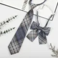 Japanese school style plaid necktie and bow tie set, blue grey pre tied uniform accessories. - Sun Sea Plaid