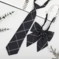 JK DK school uniform plaid tie and bow detail view accessory set for daily wear style. - Black Light Blue Plaid