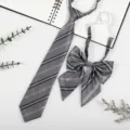 Grey striped school uniform tie and bow set, Japanese style JK DK necktie accessory detail. - Gray Clamped Gold