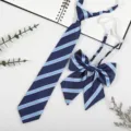 Detail view of Japanese JK DK style pre-tied striped necktie and bow tie set in navy blue. - Blue Stripe