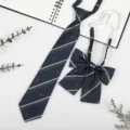 JK style striped navy blue necktie and bow tie set with anchor embroidery for daily wear school uniform. - Dark Blue Anchor