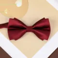 Burgundy Satin Bow Tie for Men Wedding Suit Formal Party Solid Color Classic Bowtie - Wine Red Asymmetric Glossy Bowtie