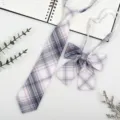 JK uniform plaid necktie and bow tie set, pink and blue tartan pattern variant style - JK013 White Neon