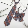 Grey orange plaid JK skirt tie and bow tie set, pre-tied school uniform accessory variant. - JK038 Dark Gray Orange Plaid